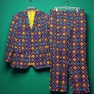 Shinesty Carnival Krewe Mardi Gras Suit  Sz 44 Fleur de Lis Crowns Trumpets
